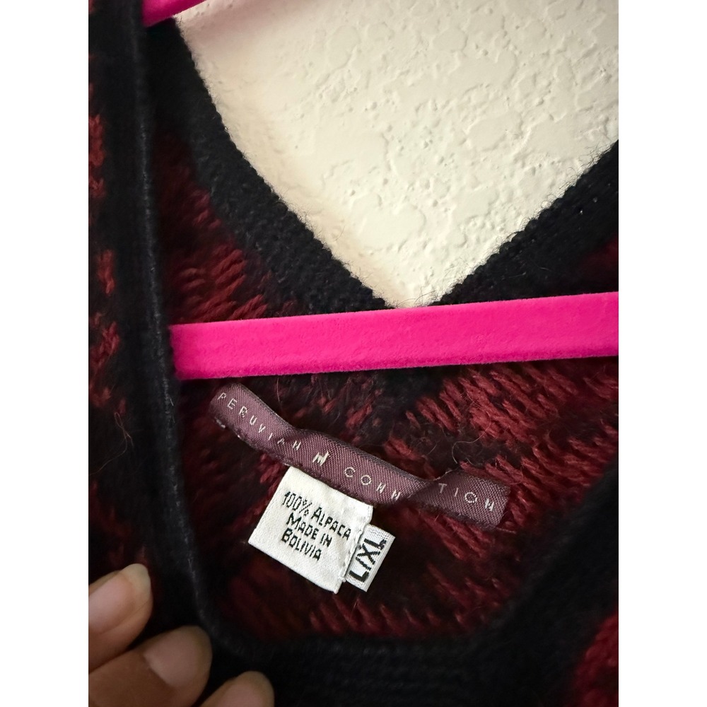 Peruvian Connection Alpaca Wool Poncho Burgundy Black Lace Trim L/XL Cottage - Picture 5 of 6